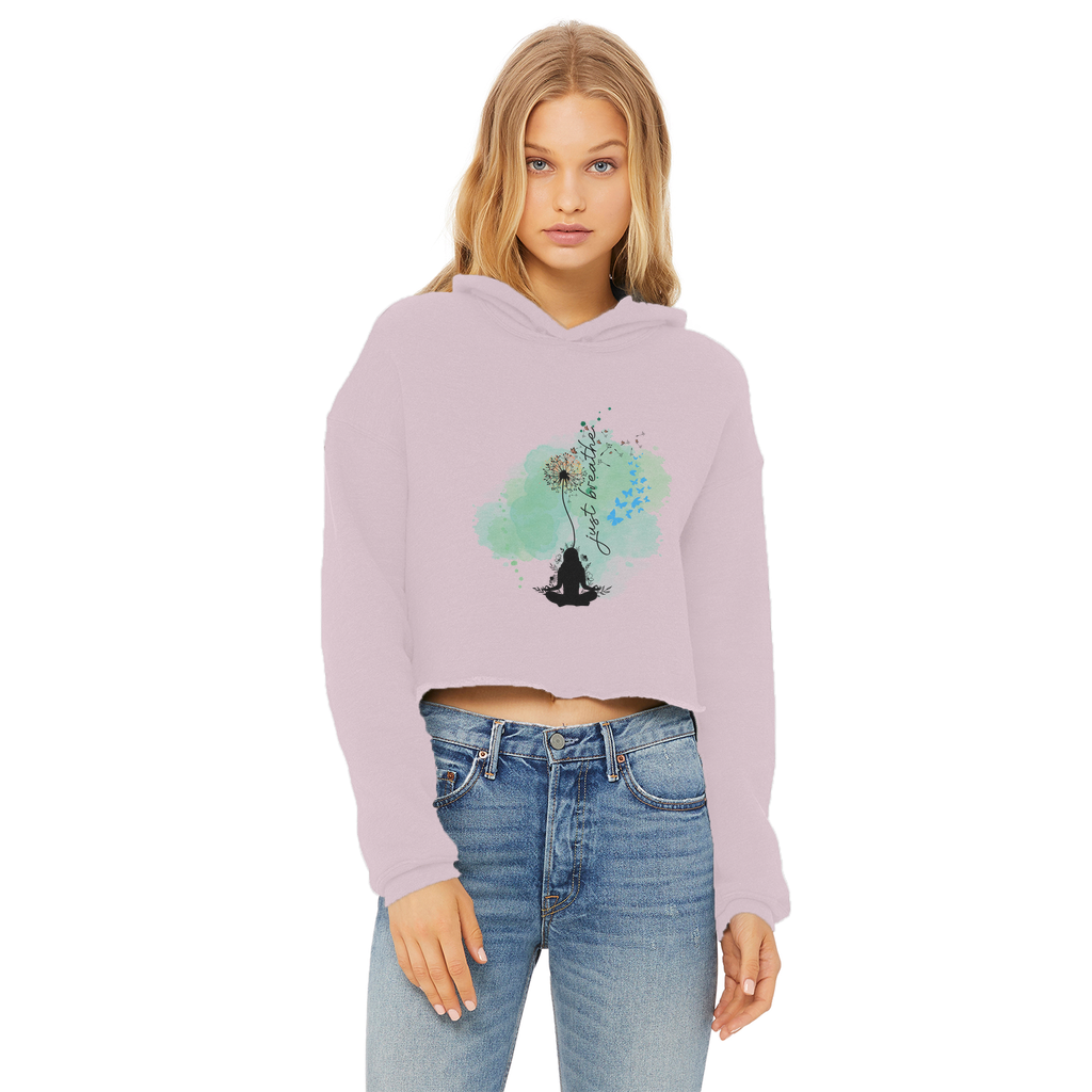 Just Breathe - Green Dandelion Ladies Cropped Raw Edge Hoodie