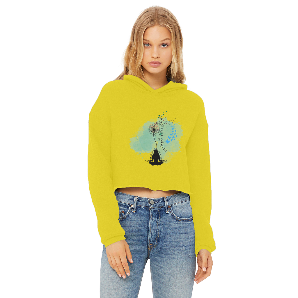 Just Breathe - Green Dandelion Ladies Cropped Raw Edge Hoodie