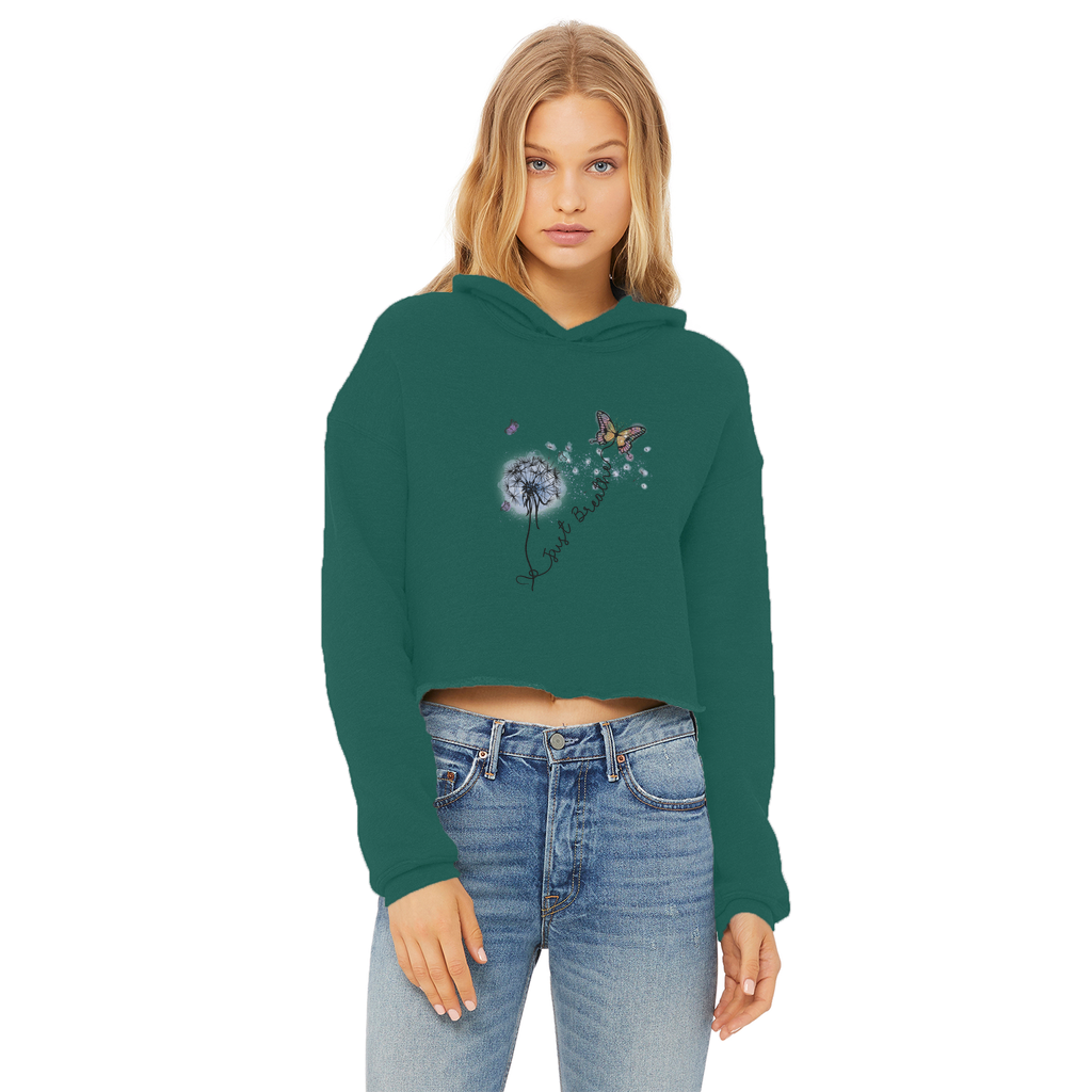 Just Breathe Butterfly Ladies Cropped Raw Edge Hoodie