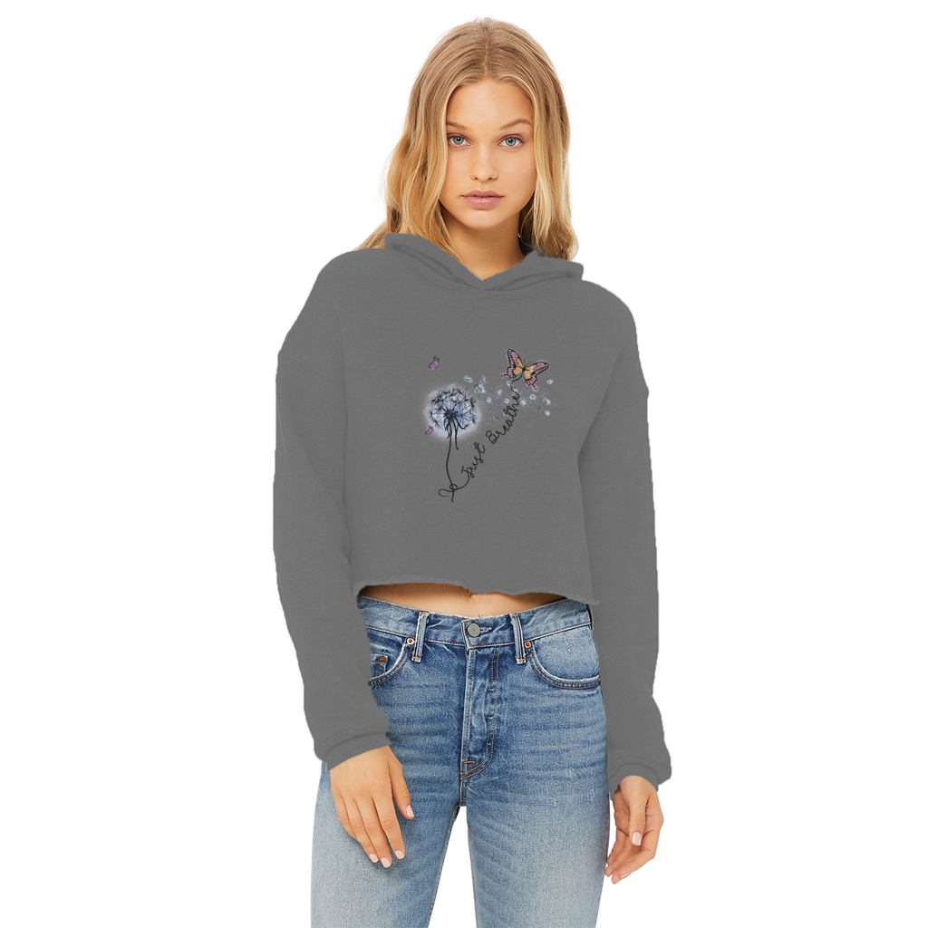 Just Breathe Butterfly Ladies Cropped Raw Edge Hoodie