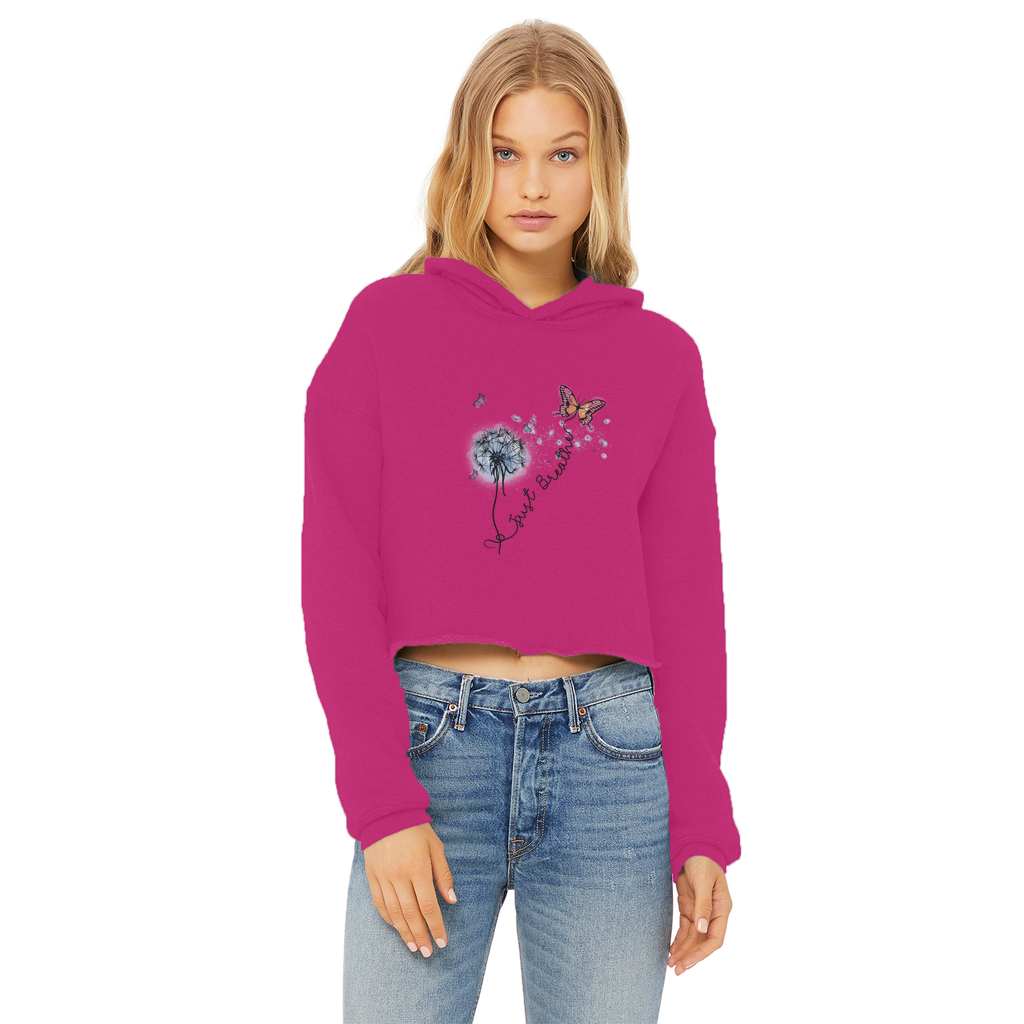 Just Breathe Butterfly Ladies Cropped Raw Edge Hoodie