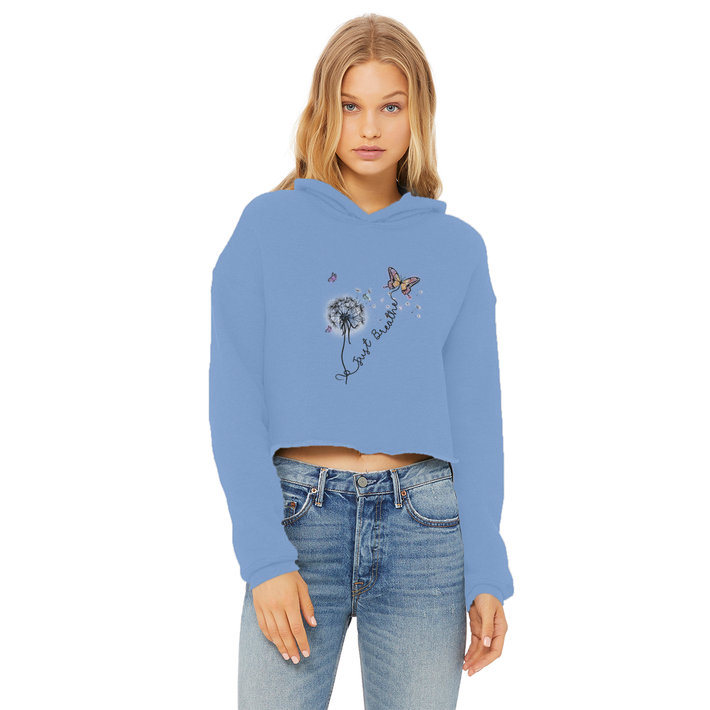 Just Breathe Butterfly Ladies Cropped Raw Edge Hoodie